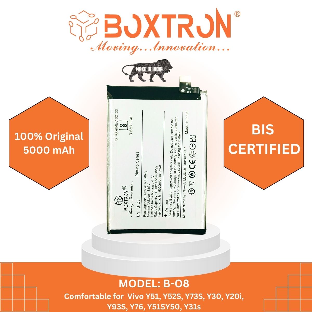 Boxtron B-O8 Battery Compatible for Vivo Y52s - 5000 mAh Battery Capacity