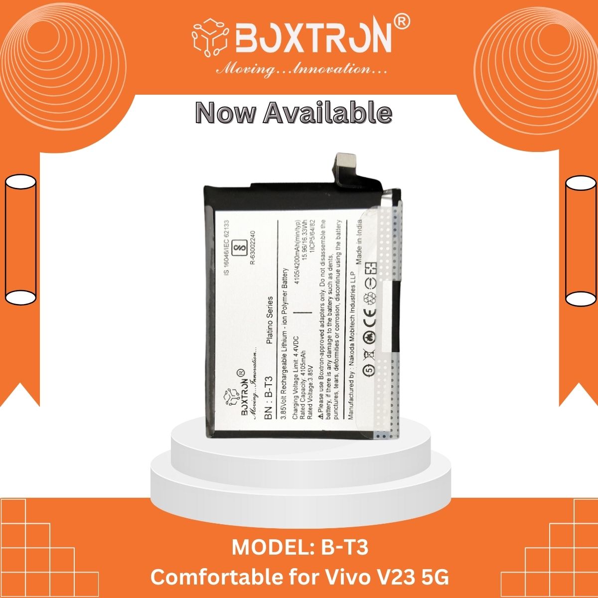 Boxtron B-T3 Battery Compatible for Vivo V23 5G / B-T3 4200mAh Battery Capacity.