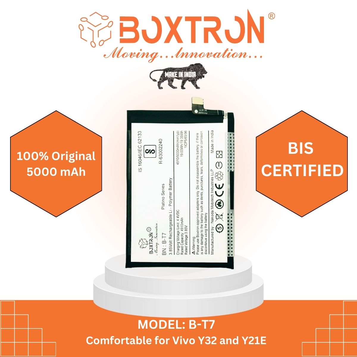 Boxtron B-T7 Battery Compatible with Vivo Y32 Y21E - 5000 mAh Battery Capacity