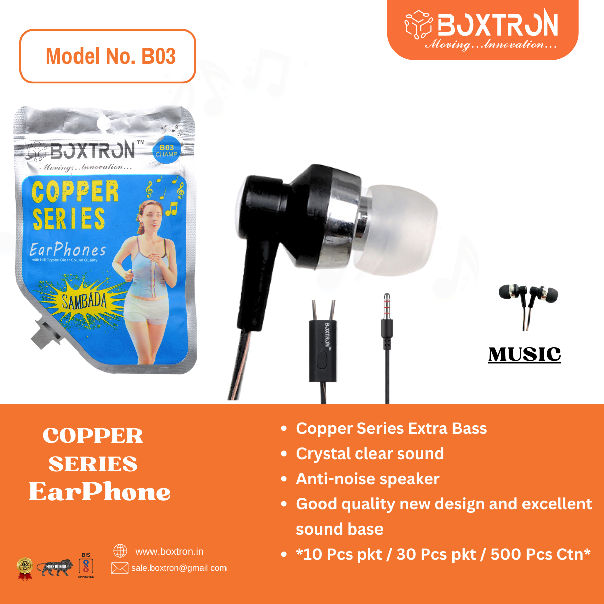 Earphone Boxtron B03 Universcell earphone Wired in Ear Earphones  Mic, Black