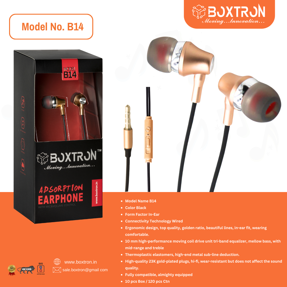 Boxtron B14 Metal Wired Adsorption Earphone.