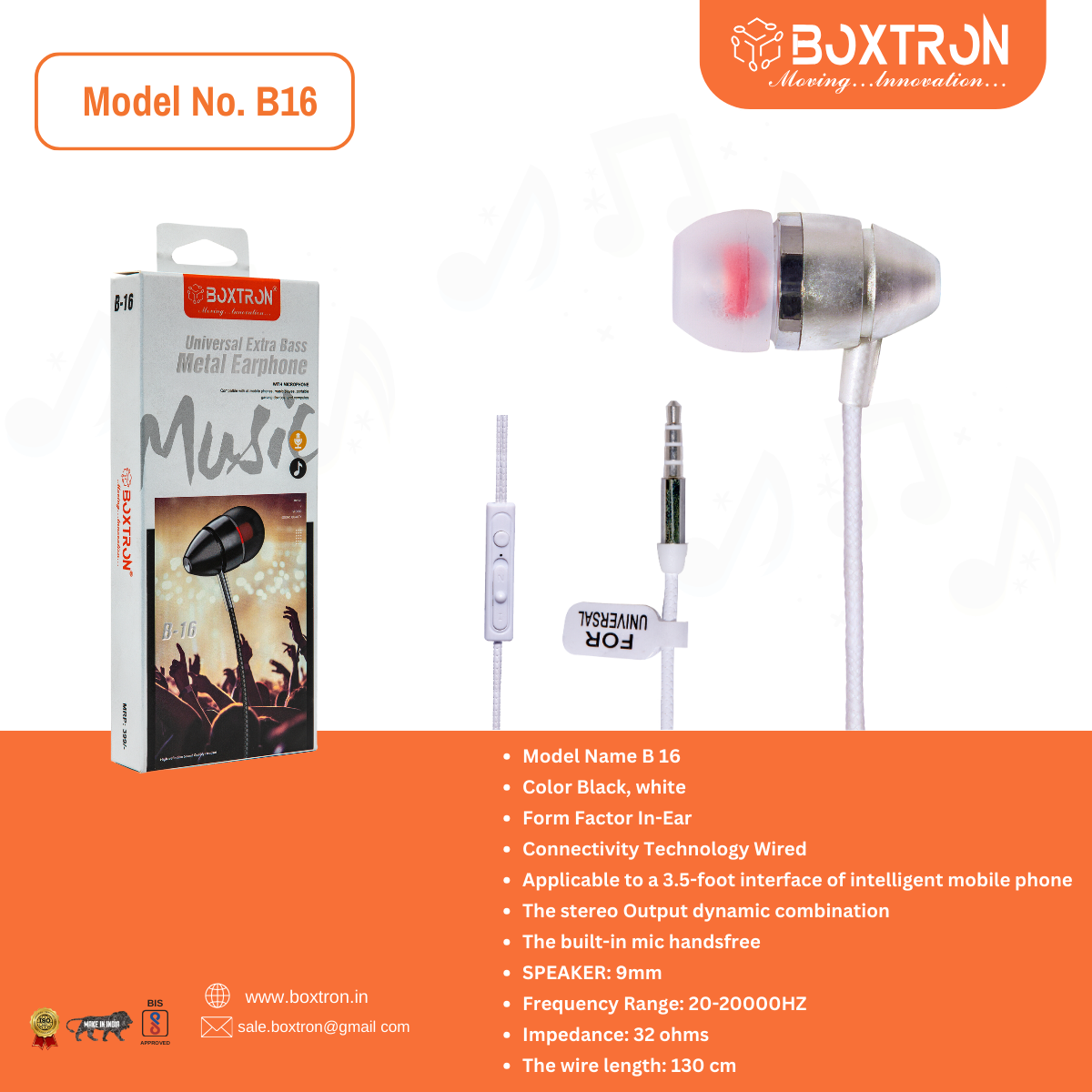 Boxtron B16 Universal Extra Bass Wired Earphone