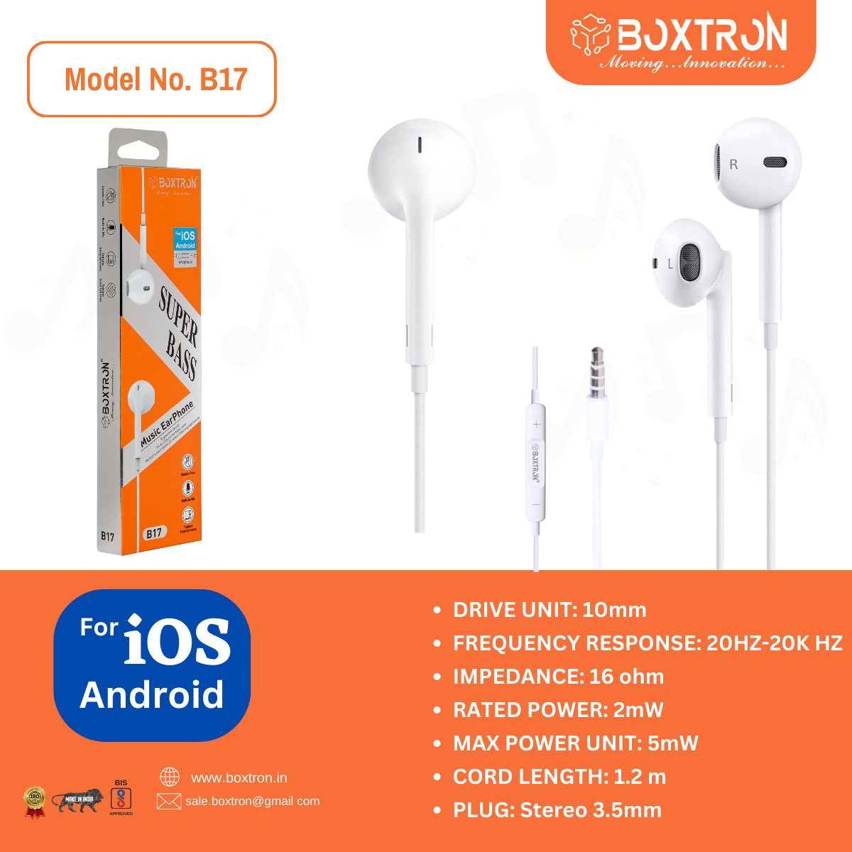 Earphone Boxtron B17 Super Bass Music Earphone. .