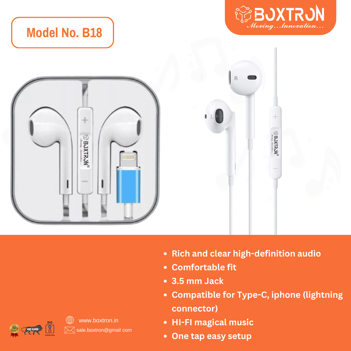 Earphone Boxtron B18 True Bass Earphone IPHONE 7 Above . .