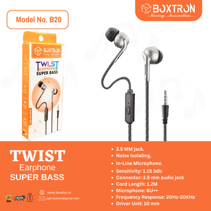 Earphone Boxtron B20 Super Bass Twist Earphone . .