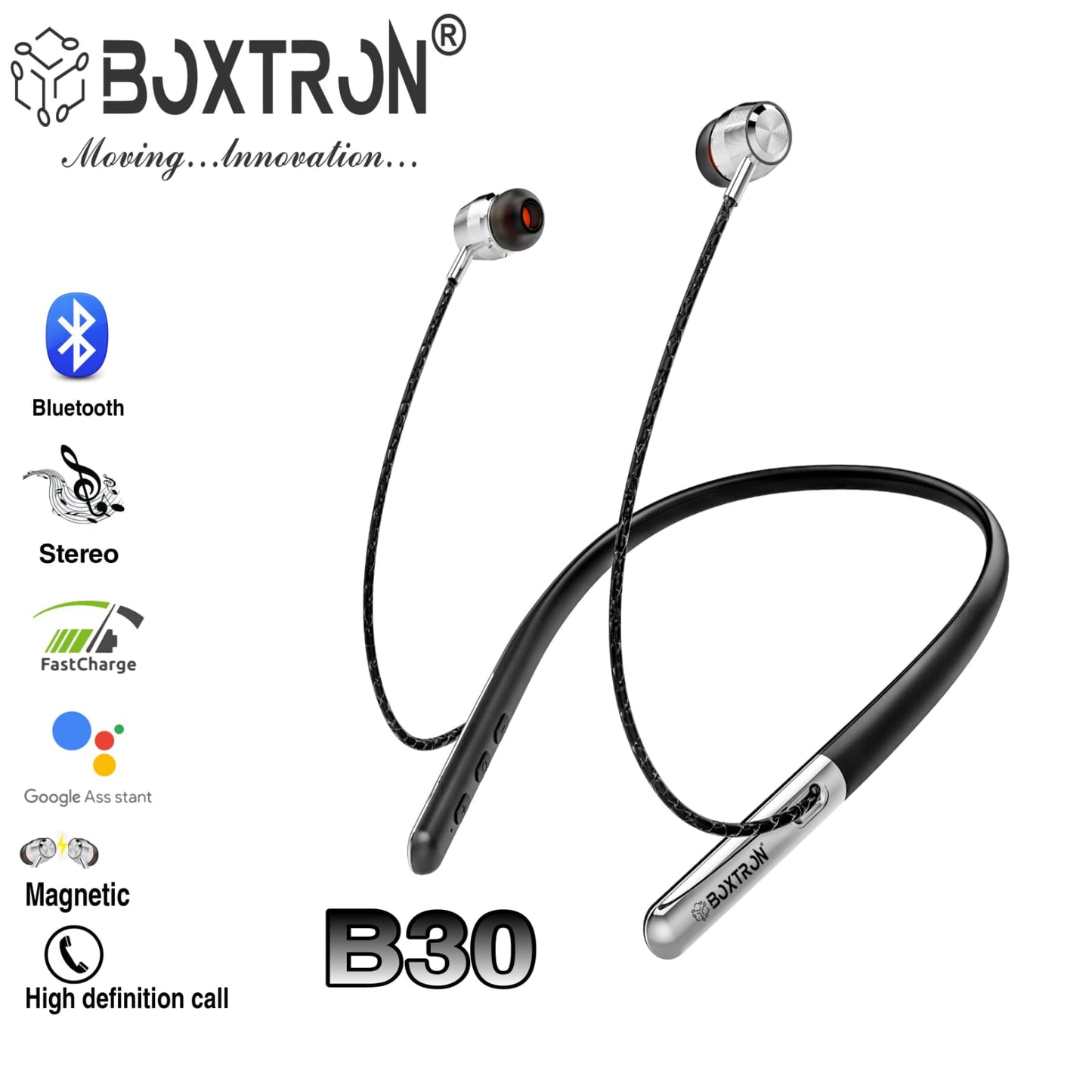 Boxtron B30 Wireless Bluetooth Neckband, Magnetic Earplugs.