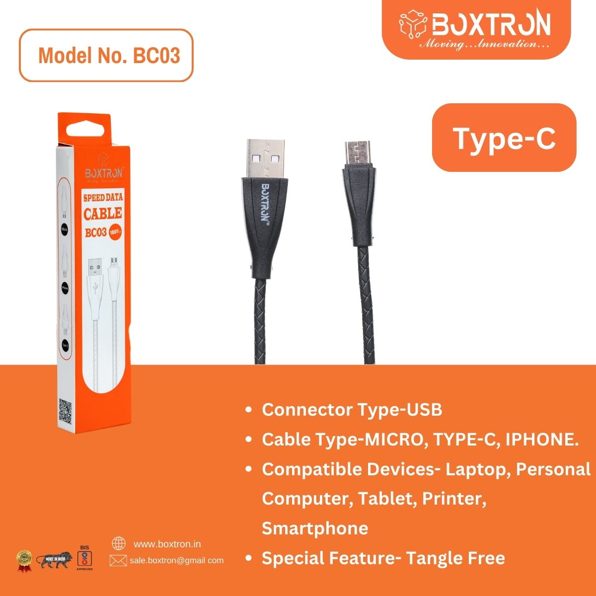 Boxtron BC03 2.1 A Fast Charging Data Type-C Cable. .