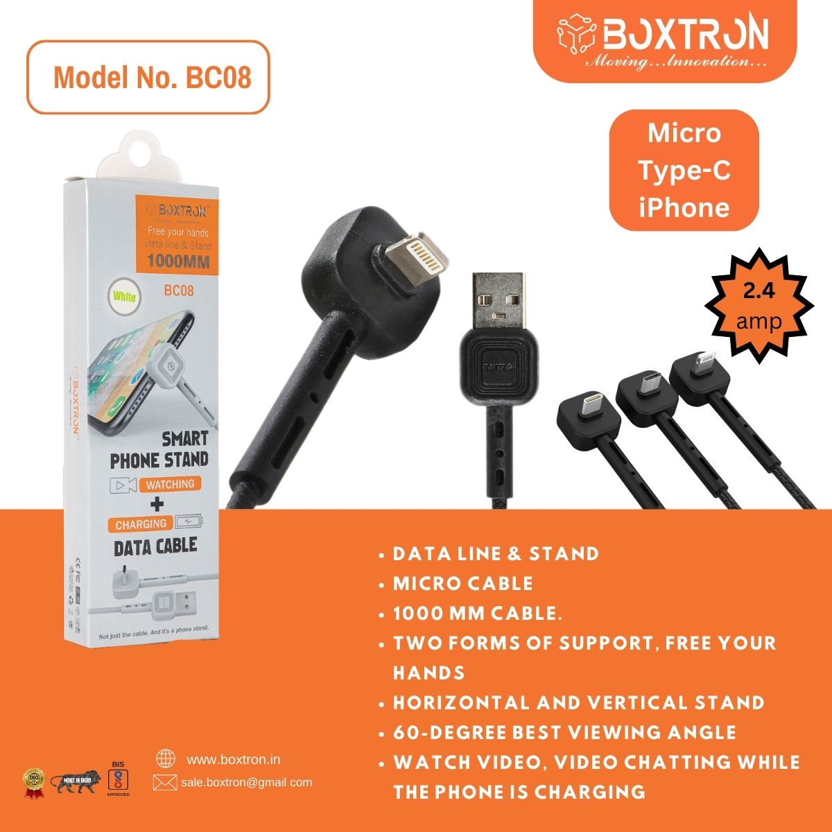 Boxtron BC08 IPhone Smart Phone Stand fast Charging And Data Transfer Cable. 2.4 Ampere