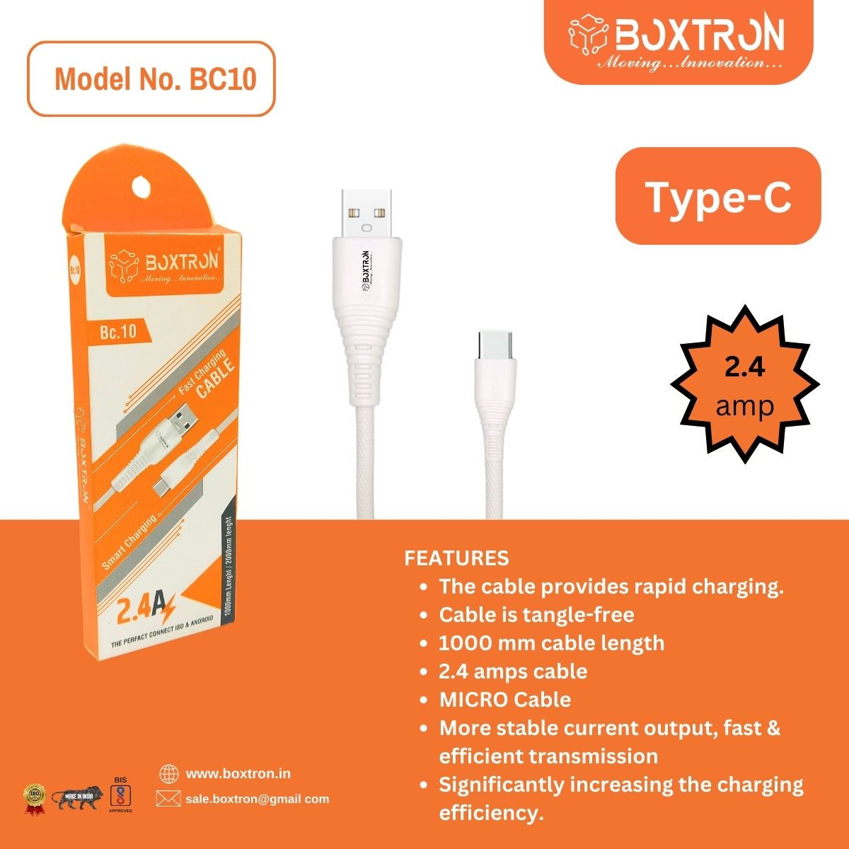 Boxtron BC10 Type-C Fast and Smart Charging Cable 1 mtr. 2.4 Ampere