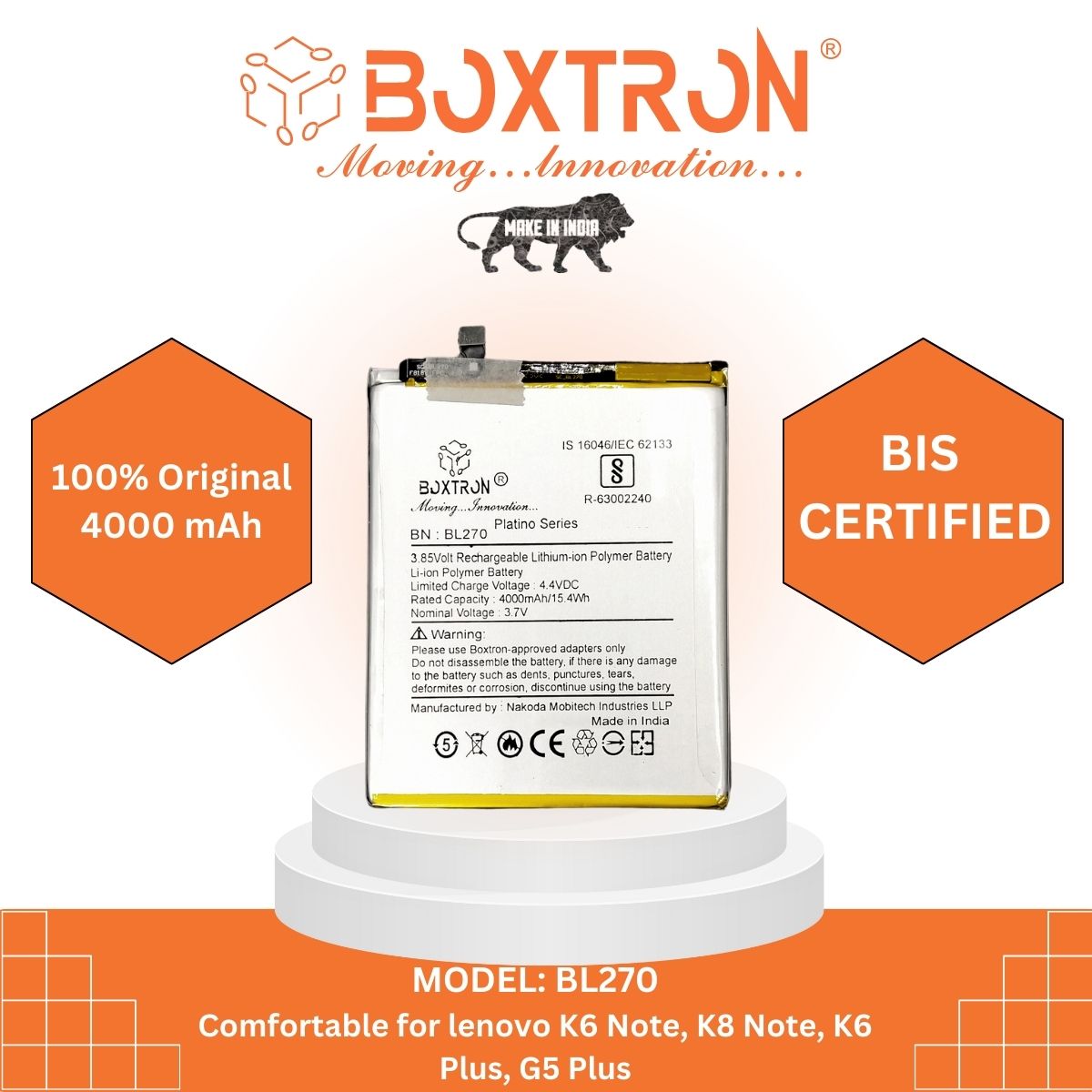 Boxtron BL270 Battery Compatible for Lenovo K6 Note, K6 Plus, K8 Note - 4000mAh Battery Capacity