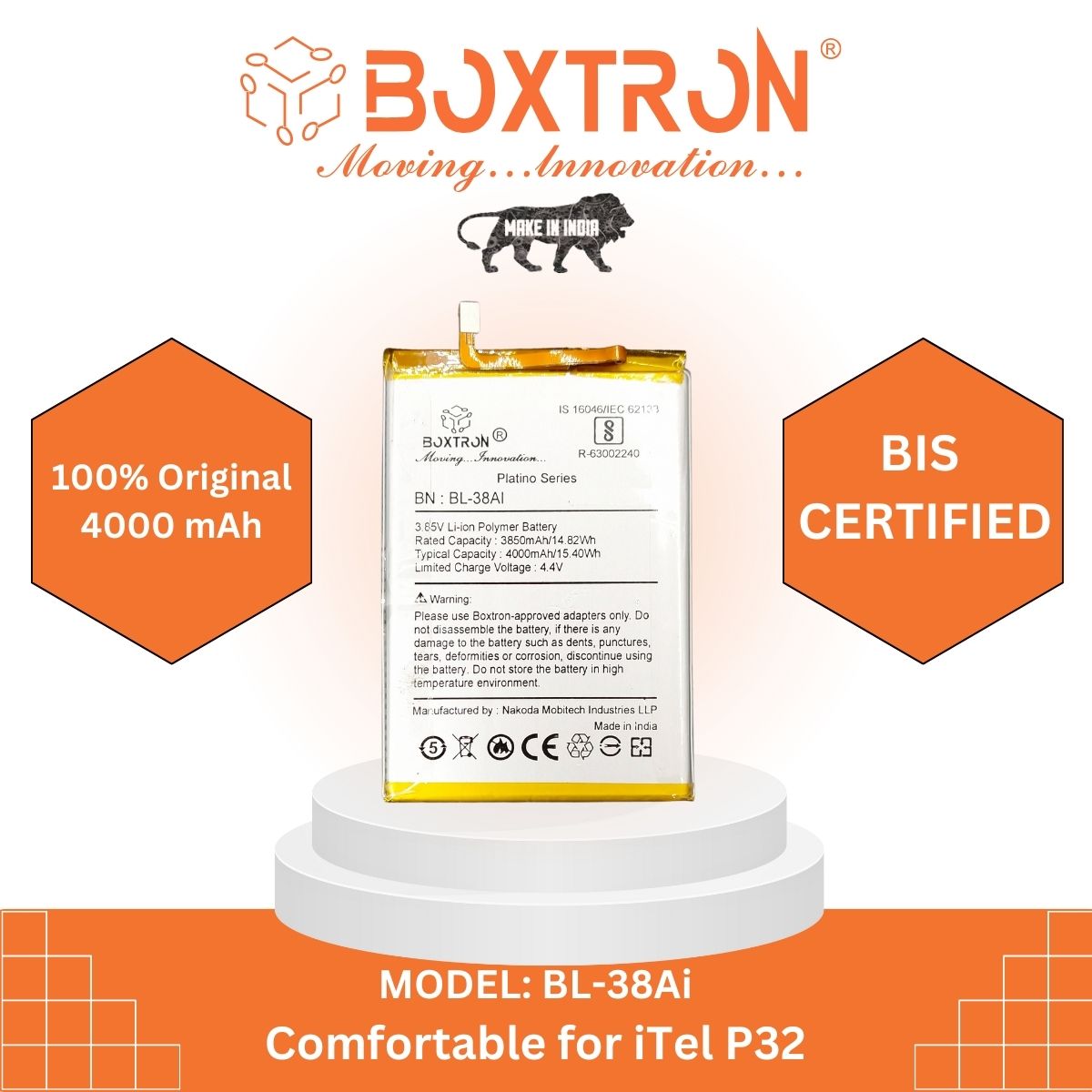 Boxtron BL-38Ai Mobile Battery Compatible with itel P32 / BL38AI -4000mAh Battery Capacity