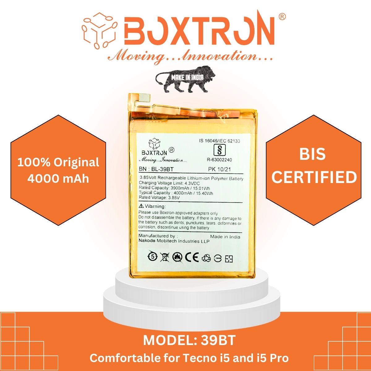 Boxtron BL-39BT Battery Compatible With Tecno I7 - 4000mAh Battery Capacity