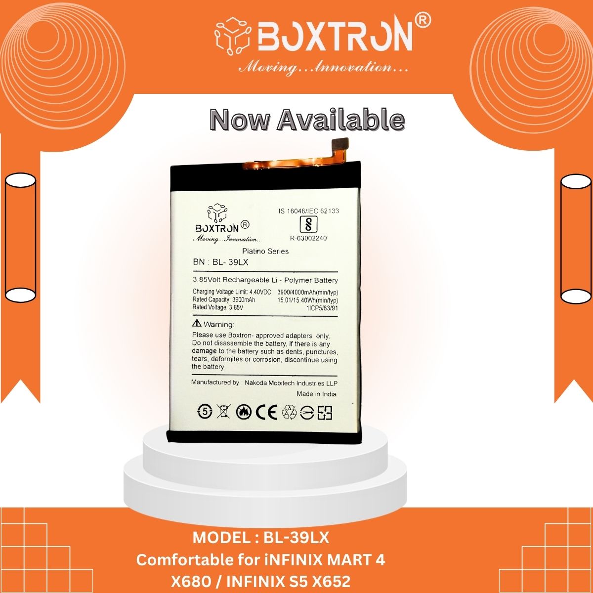 Boxtron BL-39LX Battery Compatible with Infinix Smart 4 X680 / Infinix S5 X652 - 4000mAh Battery Capacity