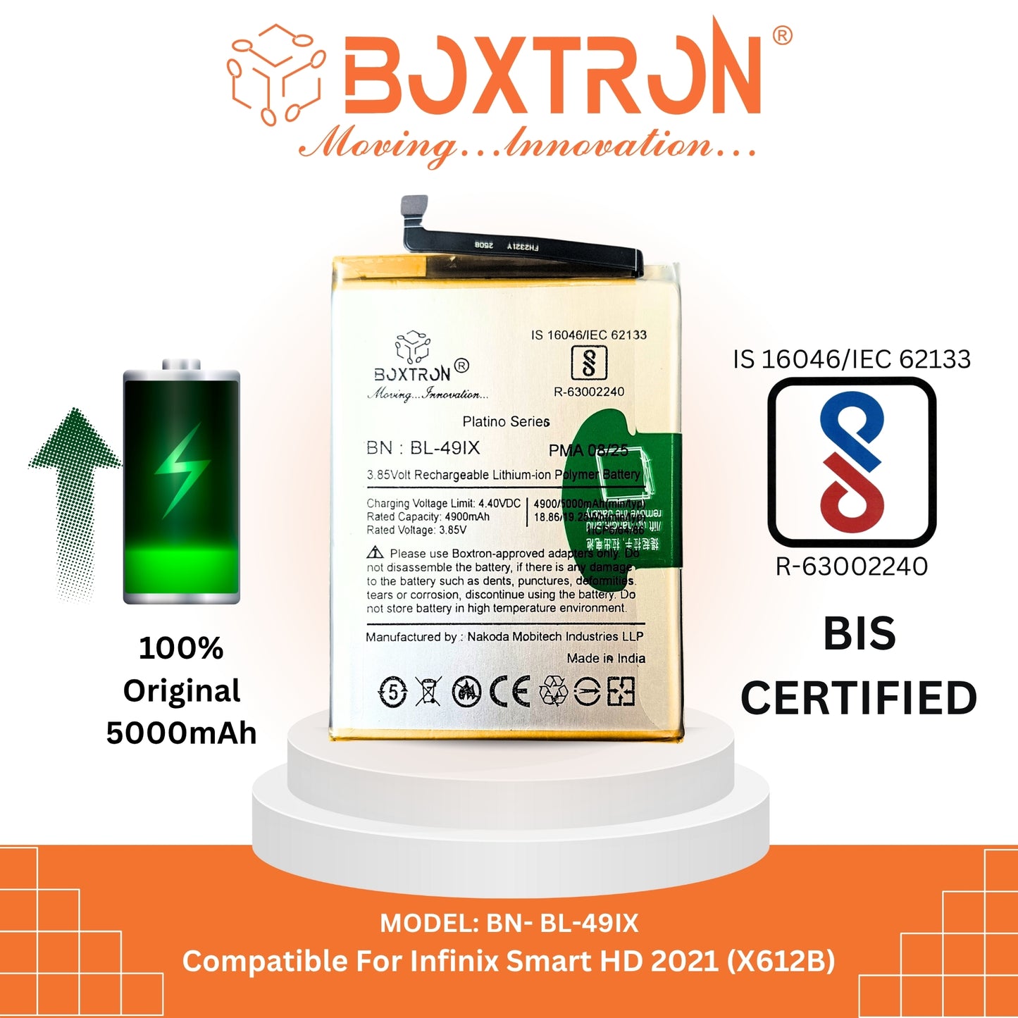 Boxtron BL-49IX Capacity 5000 mAh Battery for infinxin smart HD (X612B, X612) 3.85 lithium-Polymer, BIS Certified, 6 Month Replacement Warranty