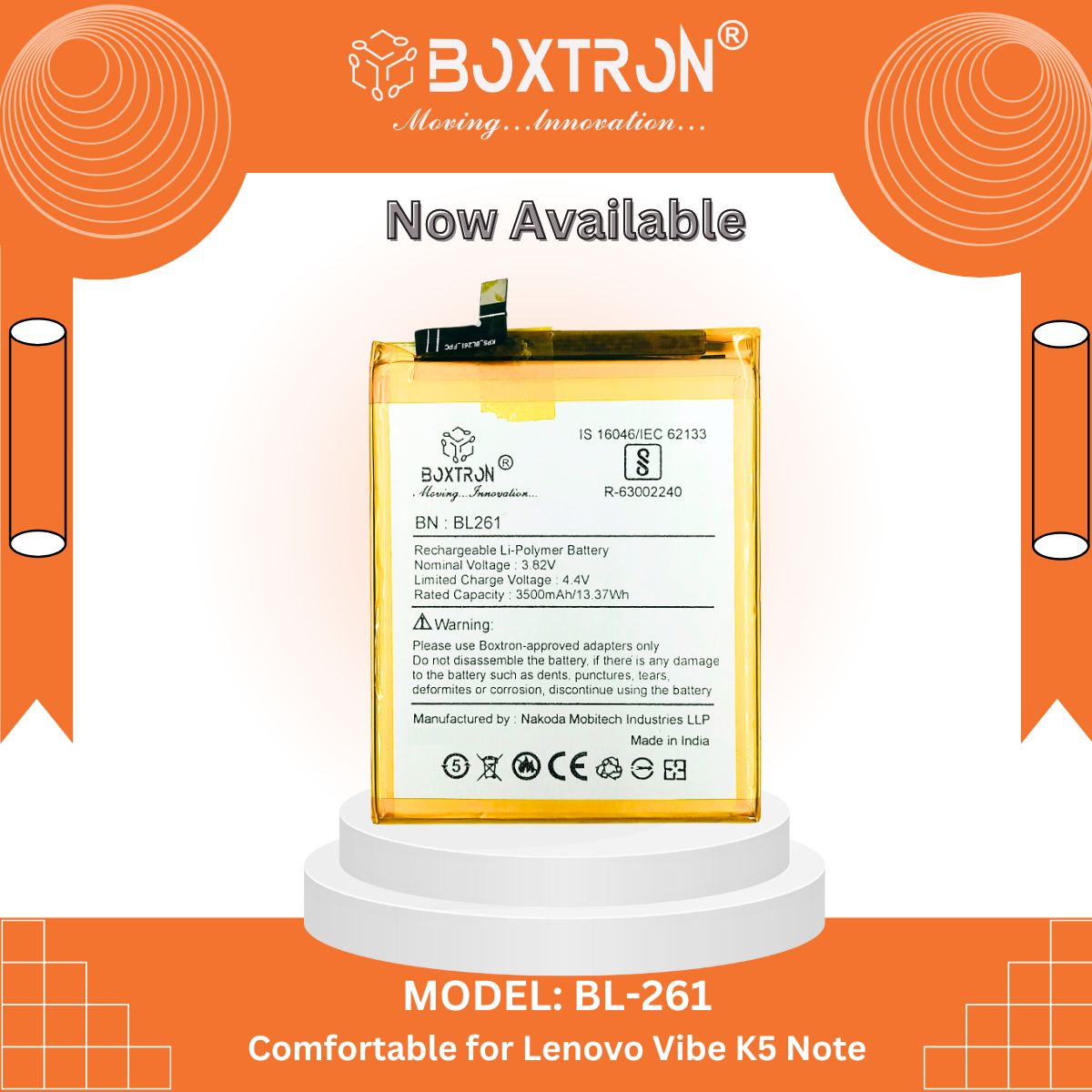 BOXTRON BL261 Battery ompatible for Lenovo Vibe K5 Note - 3500mAh Battery Capacity