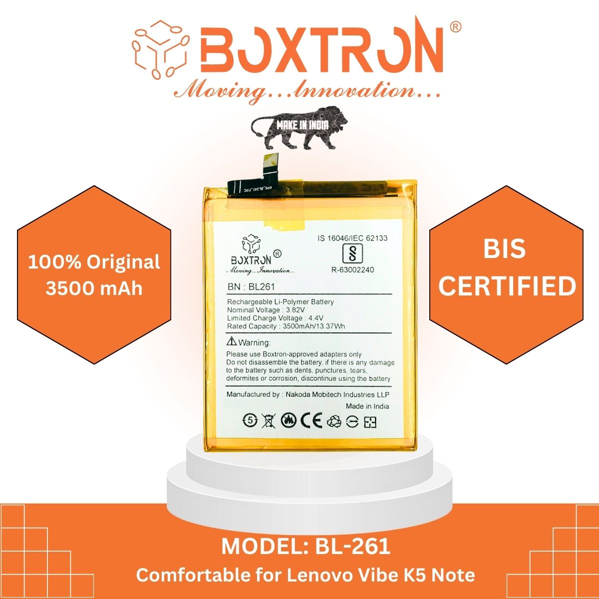 BOXTRON BL261 Battery ompatible for Lenovo Vibe K5 Note - 3500mAh Battery Capacity