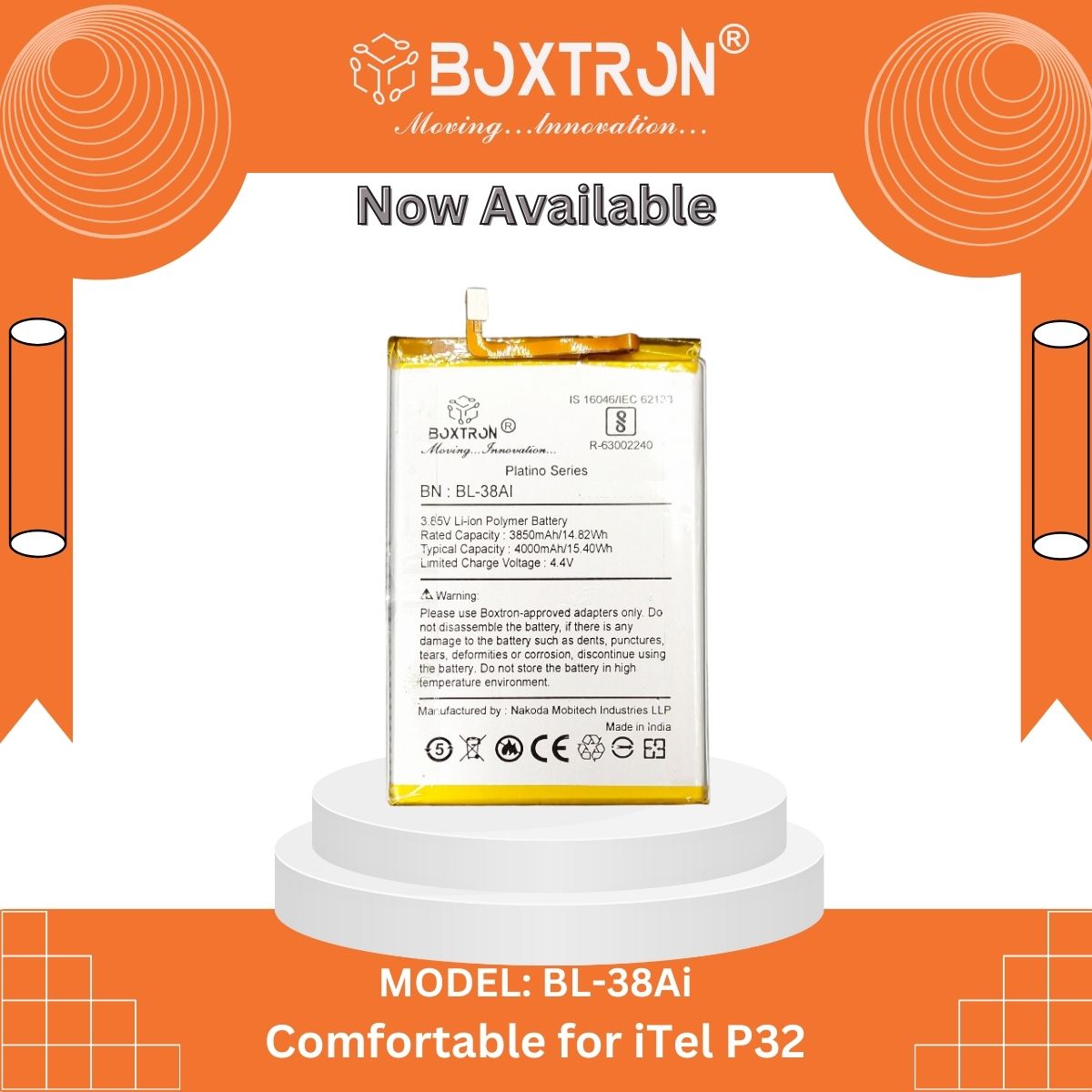 Boxtron BL-38Ai Mobile Battery Compatible with itel P32 / BL38AI -4000mAh Battery Capacity