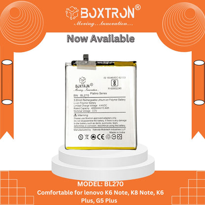 Boxtron BL270 Battery Compatible for Lenovo K6 Note, K6 Plus, K8 Note - 4000mAh Battery Capacity