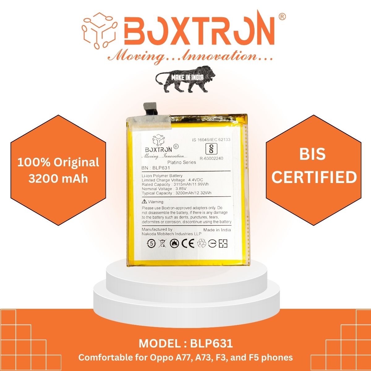 Boxtron BLP-631 Full Capacity 3200 mAh Mobile Battery Compatible for Oppo A77, F3, F5