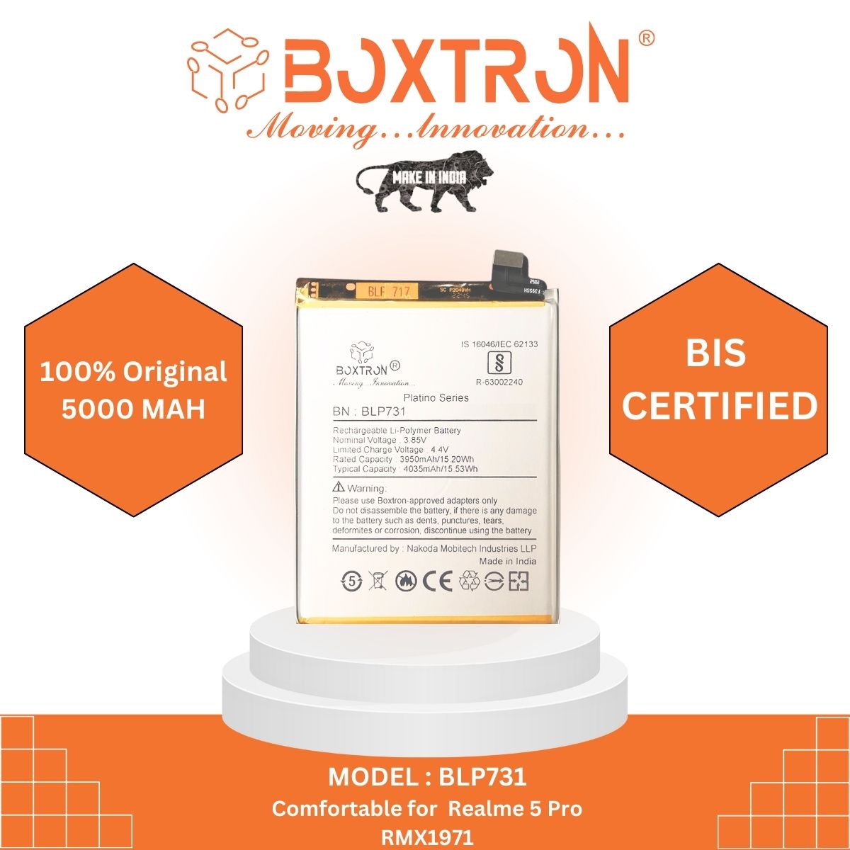 Boxtron BLP-731 Battery Compatible for Oppo Realme 5pro - 4035 mAh Battery Capacity