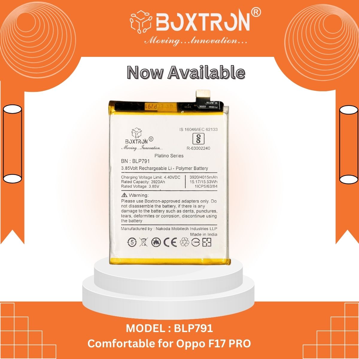 Boxtron BLP791 Battery Compatible for Oppo F17 PRO, -  4015mAh Battery Capacity