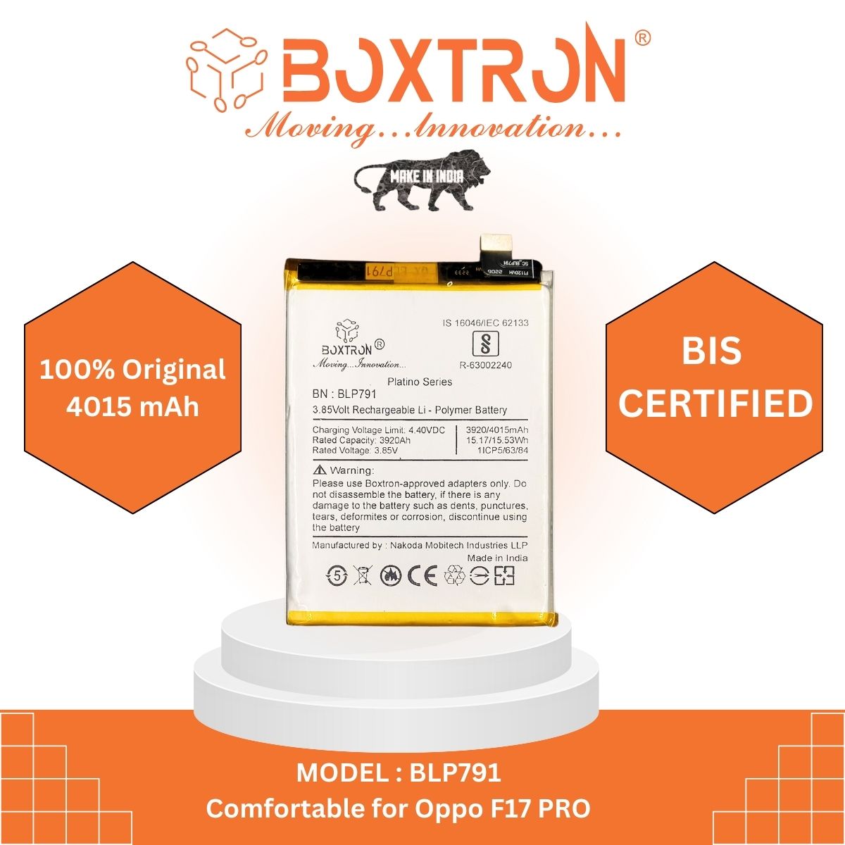 Boxtron BLP791 Battery Compatible for Oppo F17 PRO, -  4015mAh Battery Capacity