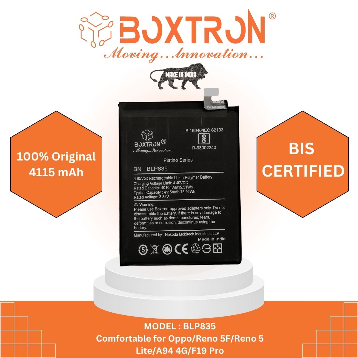 Boxtron BLP835 Battery Compatible for Oppo Oppo F19 Pro - 4310 mAh Battery Capacity