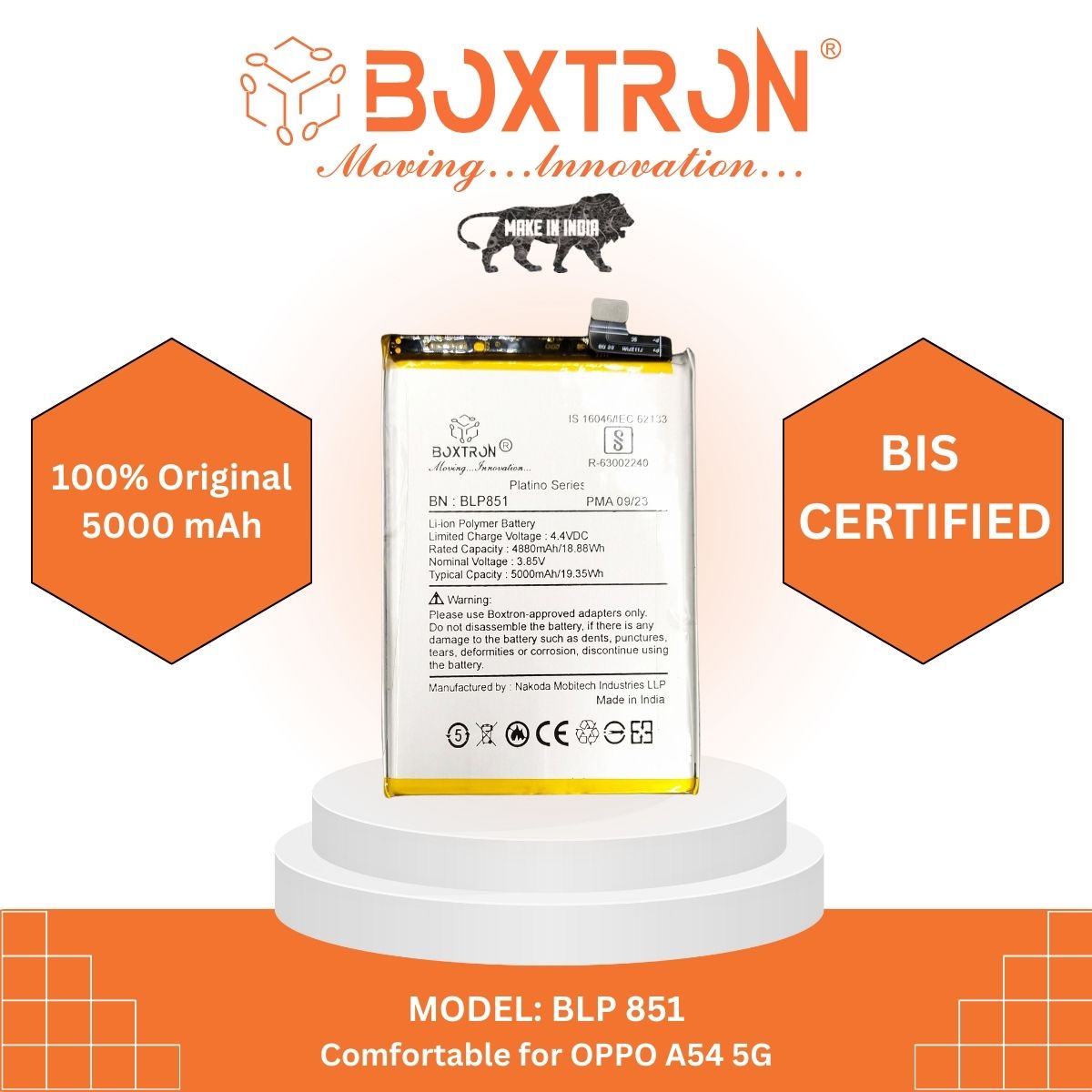 Boxtron BLP851 Battery Compatible for Oppo A74/A54 (5G) - 5000mAh Battery Capacity