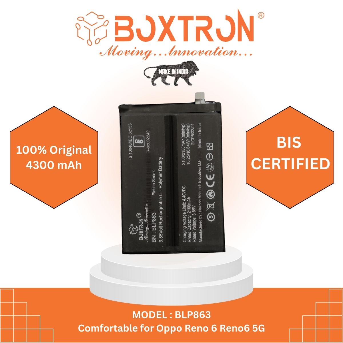 Boxtron BLP863 Battery Compatible for Oppo Reno 6 Reno6 5G - 4000mAh Battery Capacity