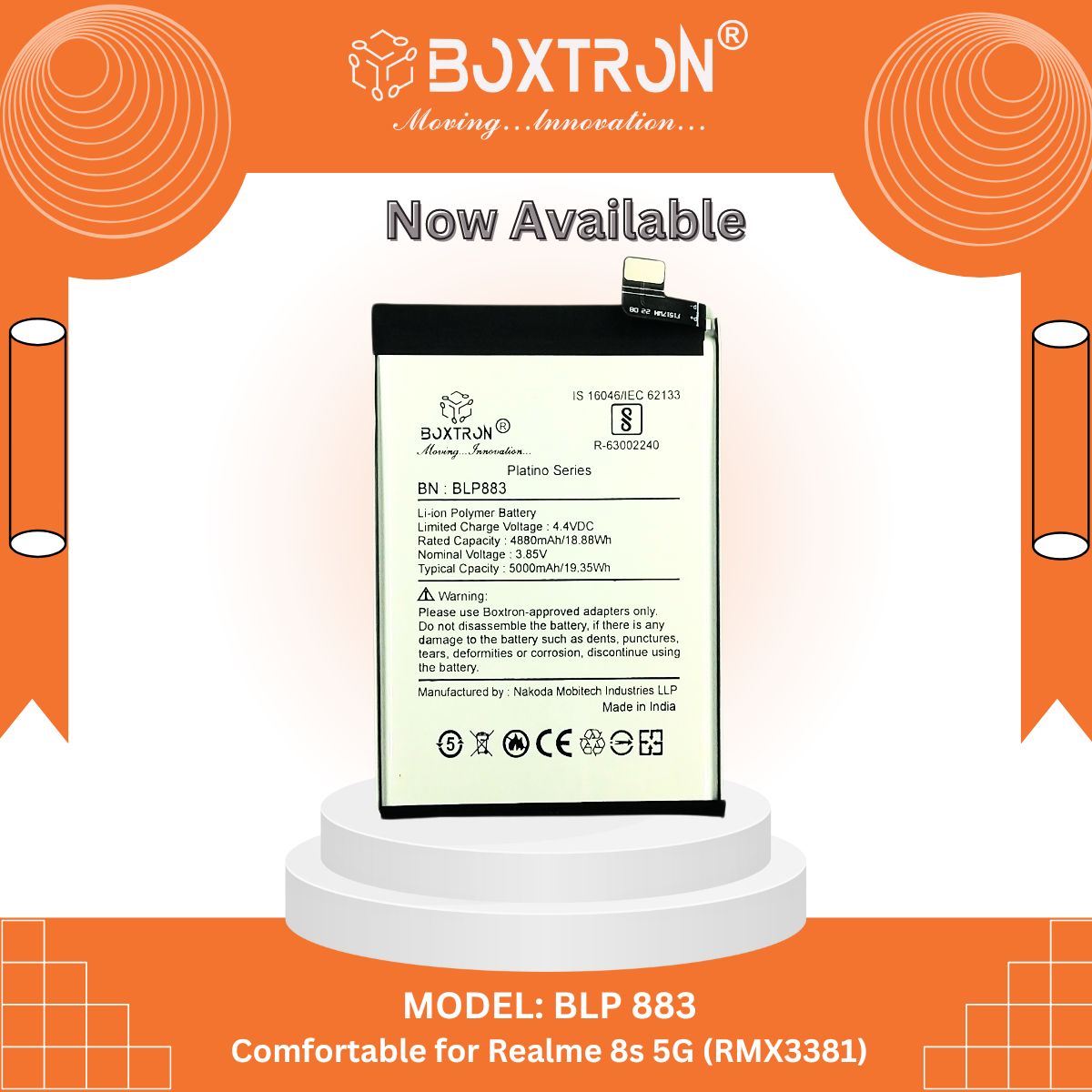 Boxtron BLP883 Battery Compatible for Oppo Realme 8S 5G Battery -  5000 mAh Battery Capacity