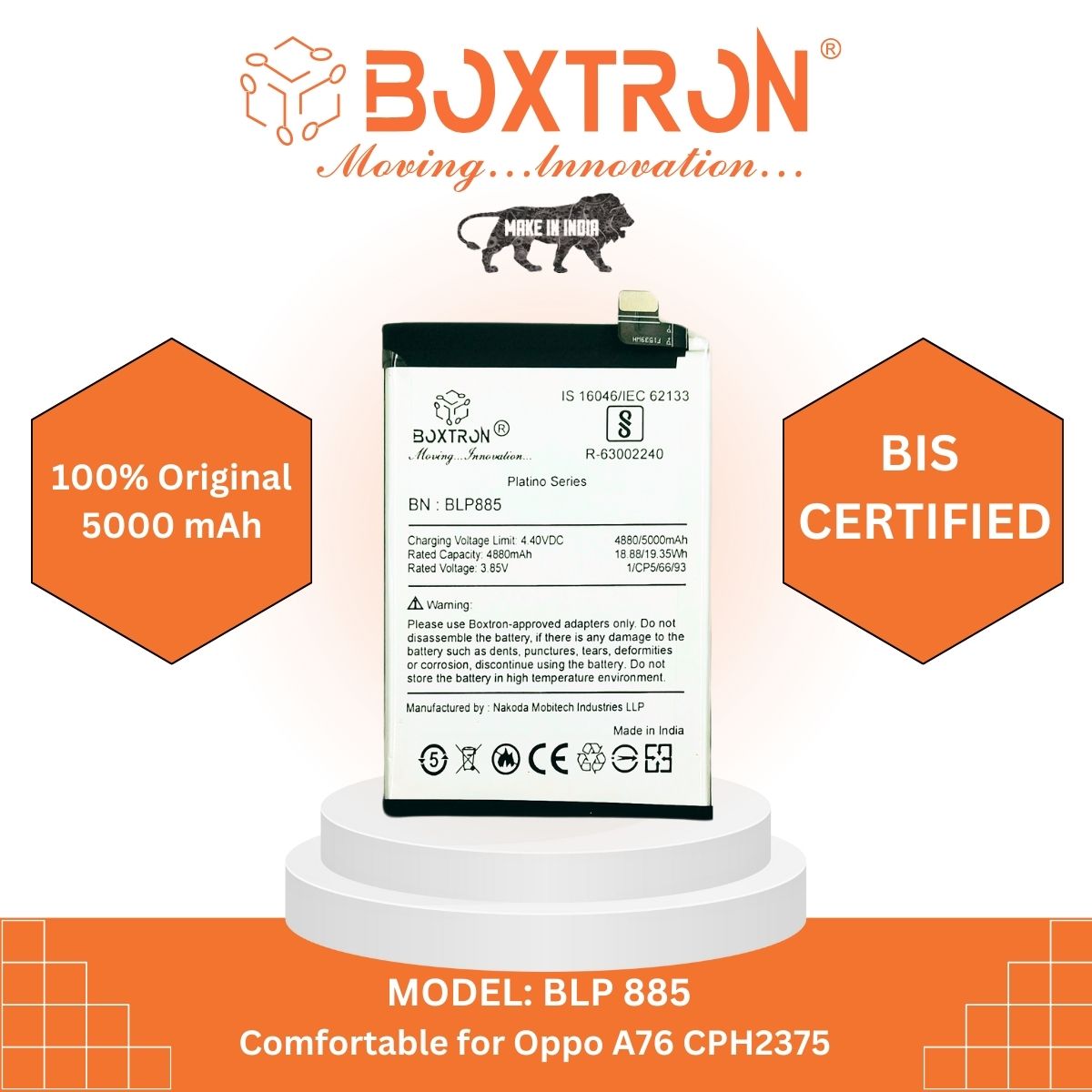 Boxtron BLP 885 battery Compatible with Oppo A76 / A96 - 5000 mAh battery capacity