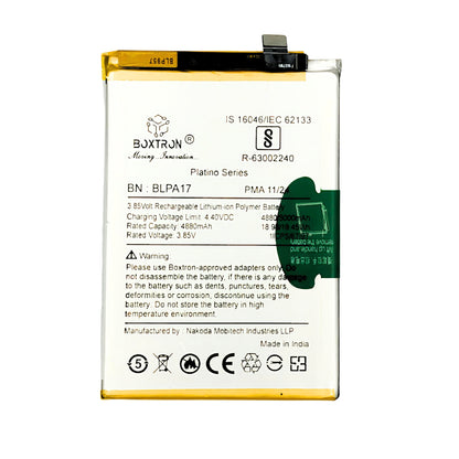 Boxtron Battery Compatible for Realme BLPA17, Realme C53 Supervooc phones, and C65 or C67 4G. providing a 5000mAh capacity with a Lithium-ion type. BIS Approved 180 Days Replacement Warranty.