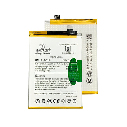 Boxtron Battery Compatible for BLPA19, Oppo A38 and Oppo A58 phones, providing a 5000mAh capacity with a Lithium-ion type. BIS Approved 180 Days Replacement Warranty.
