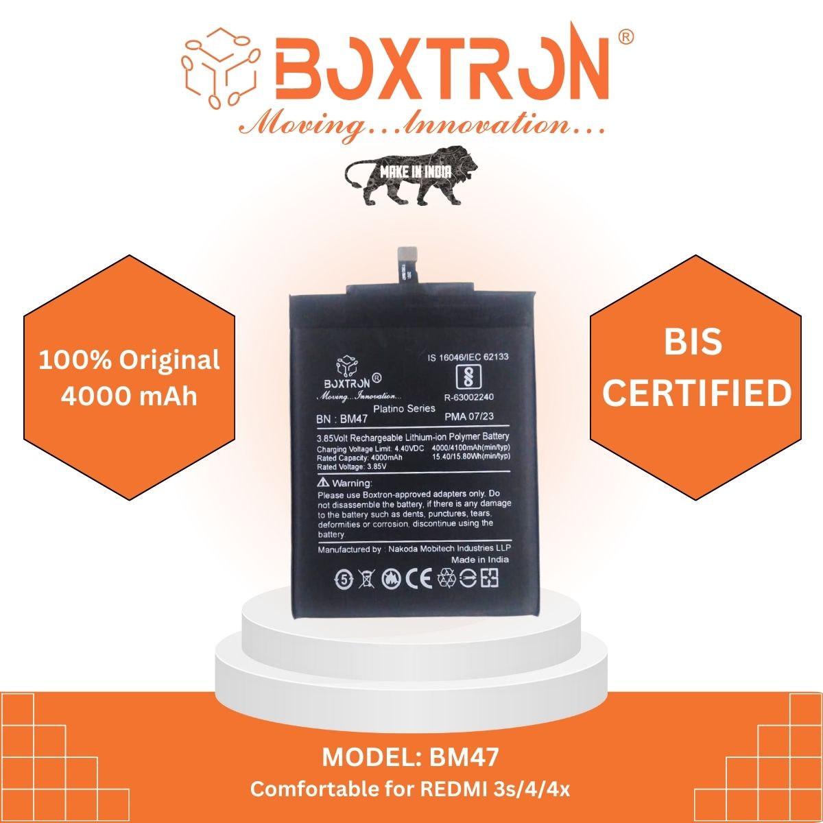 Boxtron BM47 Battery for Redmi 3, 3s, 3s Prime, Redmi 4, 4X - 4100 mAh Battery Capacity