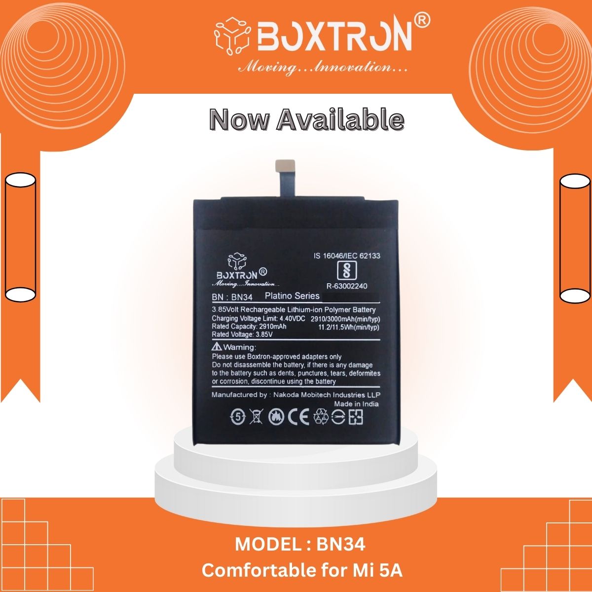 Boxtron BN34 Battery Compatible For RedMI 5A - 3000mAh Battery Capacity