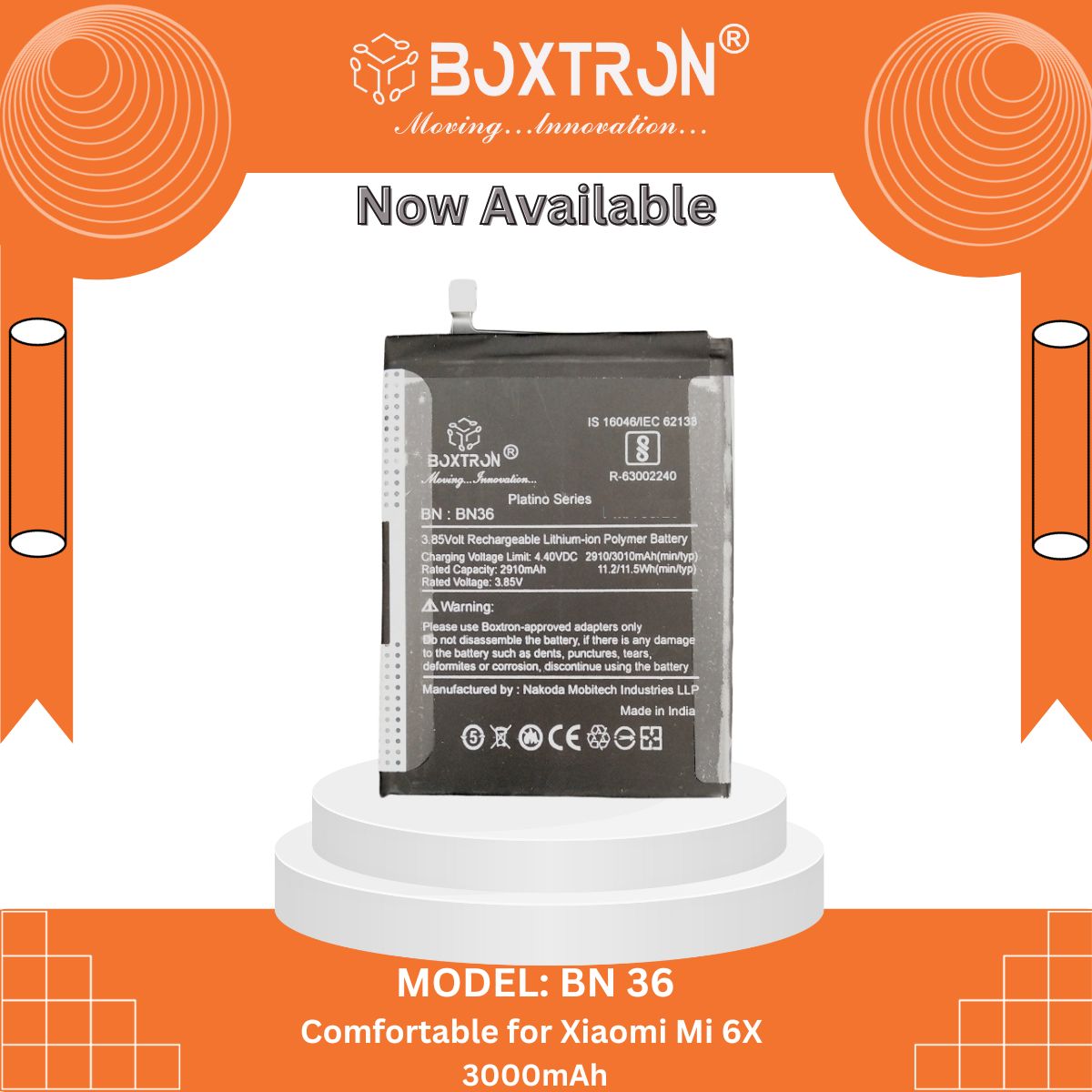 Boxtron Bn-36 Battery Compatible for Xiomi Mi Redmi A2 / A-2 / Mi 6X - 3010 mAh Battery capacity  .