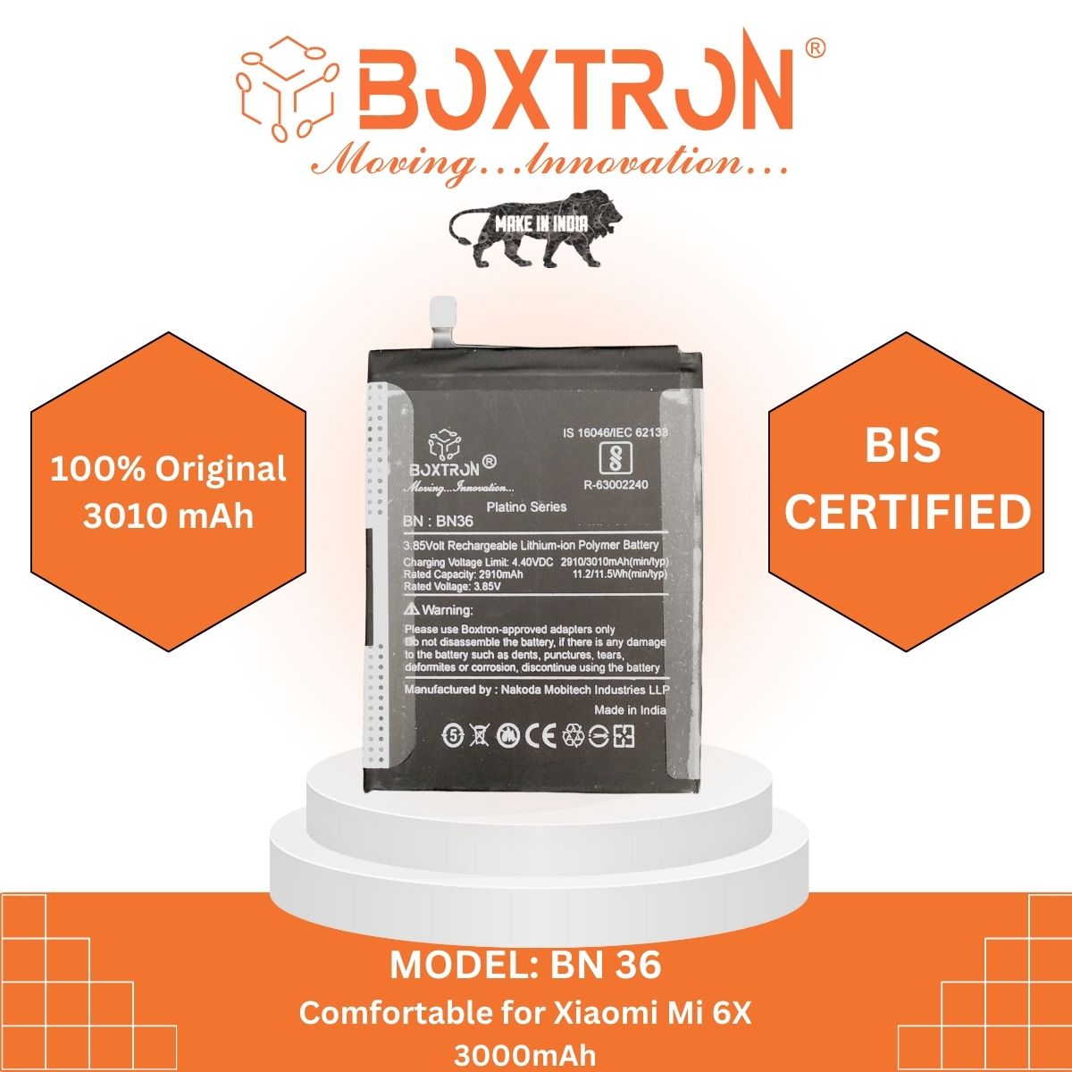 Boxtron Bn-36 Battery Compatible for Xiomi Mi Redmi A2 / A-2 / Mi 6X - 3010 mAh Battery capacity  .