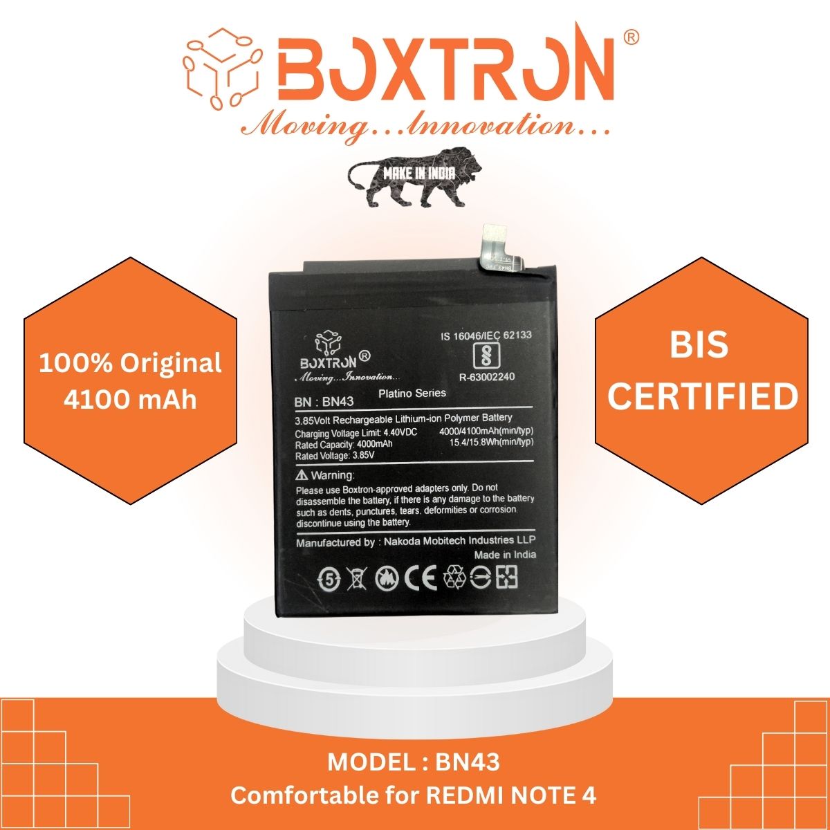 Boxtron BN43 Battery Compatible for Xiaomi Redmi Note 4 - 4100mAh Battery Capacity