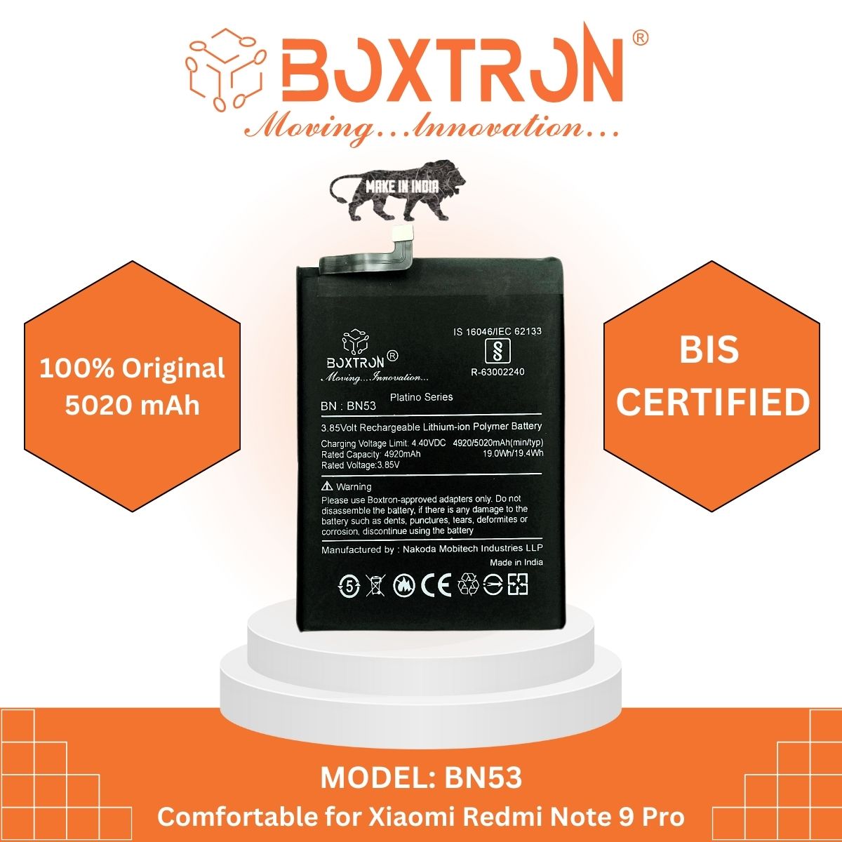 Boxtron BN52 Battery Compatible with Redmi Mi Note 9 Pro - 5000mAh Battery Capacity