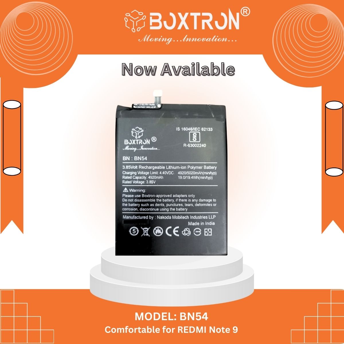 Boxtron BN54 Battery Compatible for Redmi note 9 / Redmi 10X 5G / Redmi 10x pro 5G - 5020mAh Battery Capacity