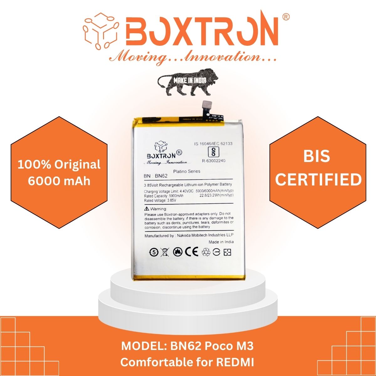 Boxtron BN62 Battery Compatible for Poco M3.- 6000 mAh Battery Capacity