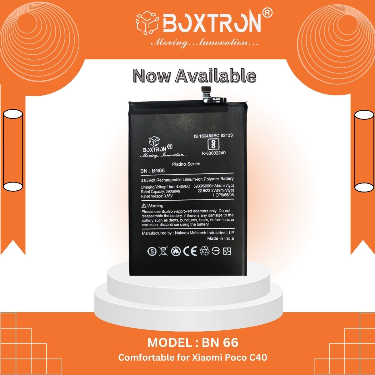 Boxtron BN66 Battery for Xiaomi Redmi Mi Poco C40 - 6000 mAh Battery Capacity