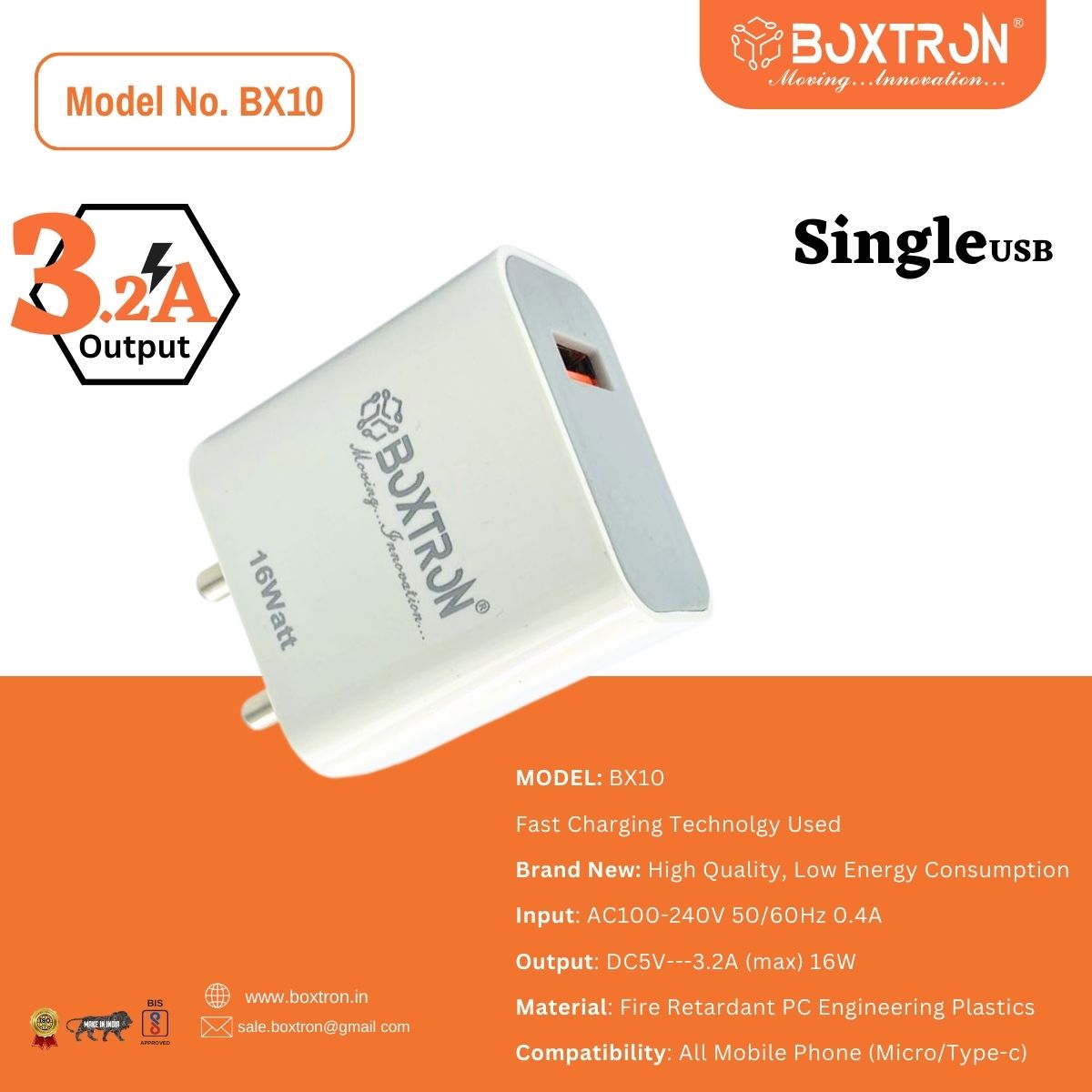 Boxtron BX10  16W USB Mobile Charger Adapter, Compatibility with Android & Other USB Enabled Devices, Multi-Layer Protection, Made in India Wall Charger Adapter, BIS Certified (White)