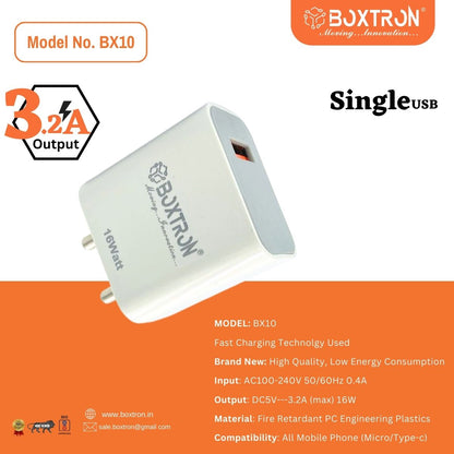 Boxtron BX10  16W USB Mobile Charger Adapter, Compatibility with Android & Other USB Enabled Devices, Multi-Layer Protection, Made in India Wall Charger Adapter, BIS Certified (White)