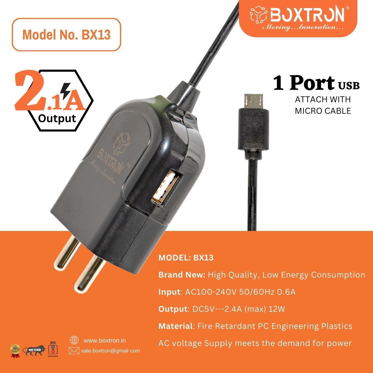 Boxtron BX13 2.4Amp Single Port Mobile Charger with Lead Cable Attached/Fast Charger with 1Mtr USB Cable Included (White) with Micro USB Cable