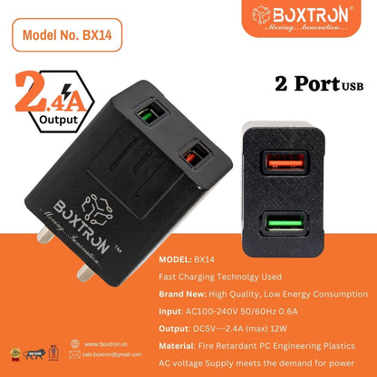 Boxtron BX14 Dual Port 12W Smart USB Charger Adapter, Multi-Layer Protection, Made in India, BIS Certified, Fast Charging Power Adaptor Without Cable for All iOS & Android Devices (Black)