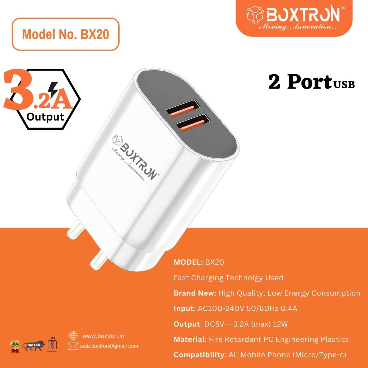 Boxtron BX20 Double USB Charger 3.2A. .