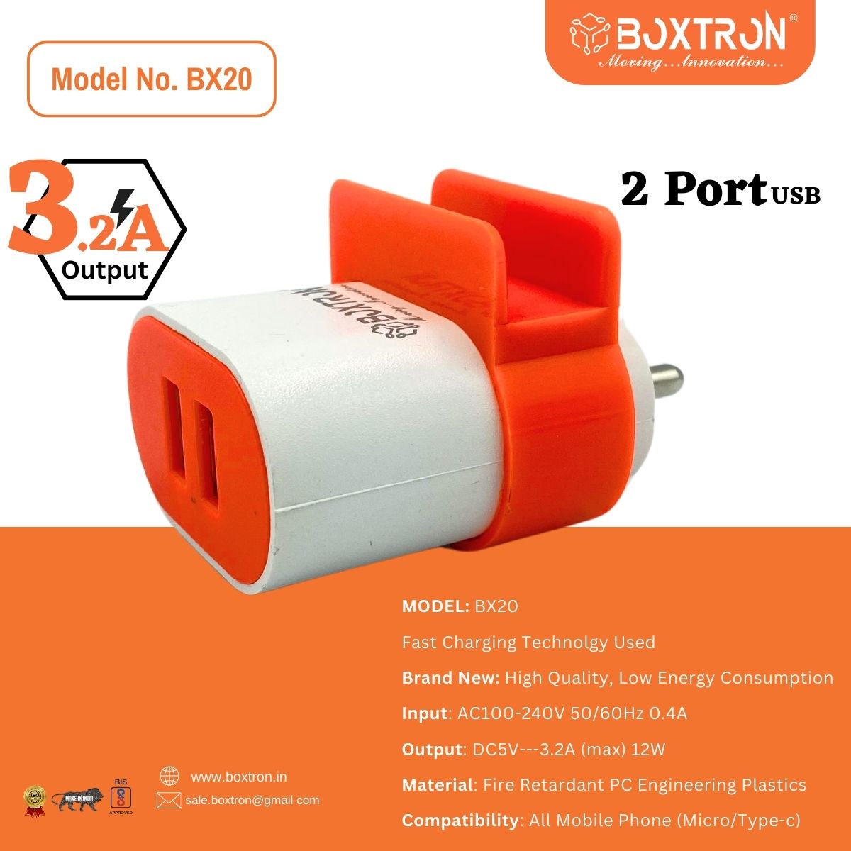 Boxtron BX20 Dual USB Micro Stand Charger 3.2A. .