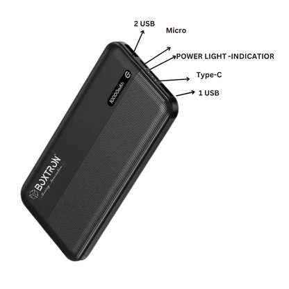 Boxtron BXBP-08 Power bank Boxtron Newly Launched Dynamo Lite 10000mAh 12W Power Bank, Made in India, Dual USB Charging Ports, 2 Input Ports Type-C & Micro USB, Slim Design & Multiple Layers of Protection (Black)