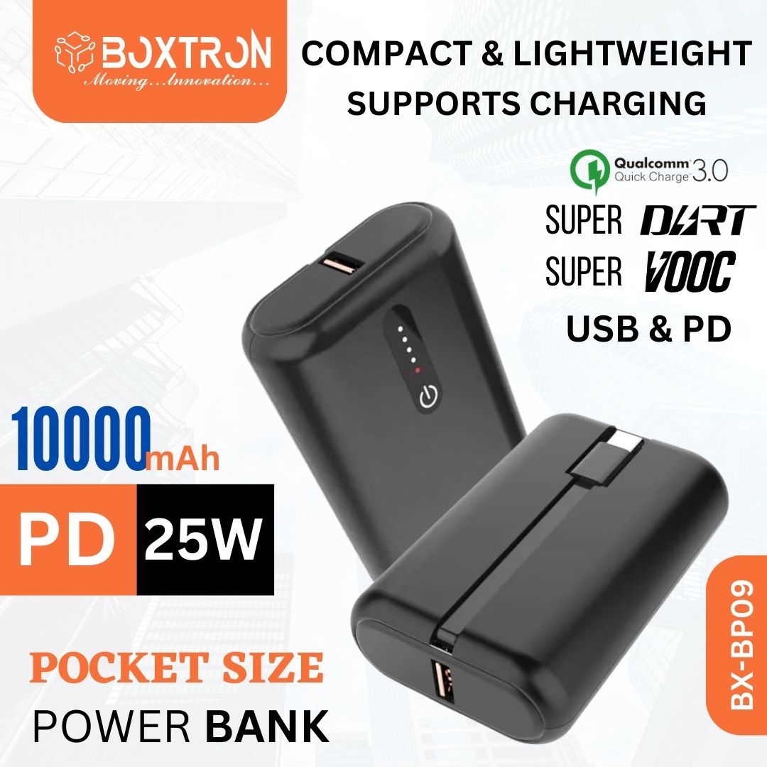 BOXTRON 10000mAh Mini PD Power Bank 25W Fast Charger with USB-C Power Delivery-High Capacity Universal Compatibility - Includes USB-C Cable